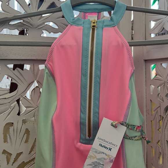 NWT Hurley X Love Shack Fancy collab. High neck, one piece zip swimsuit.Pink/blu - Picture 7 of 10